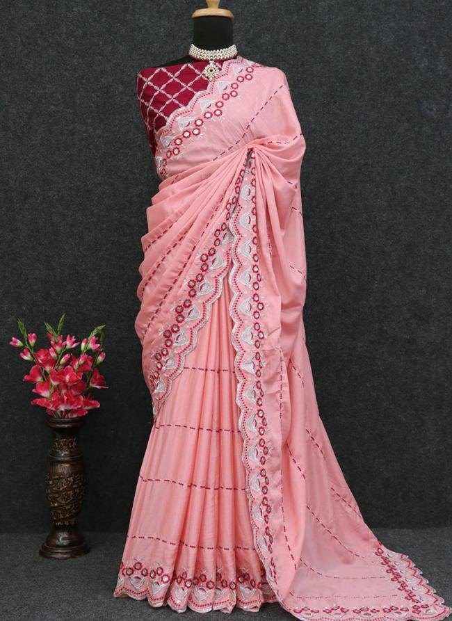 Chinon Silk Peach Party Wear Silver Zari Work Saree